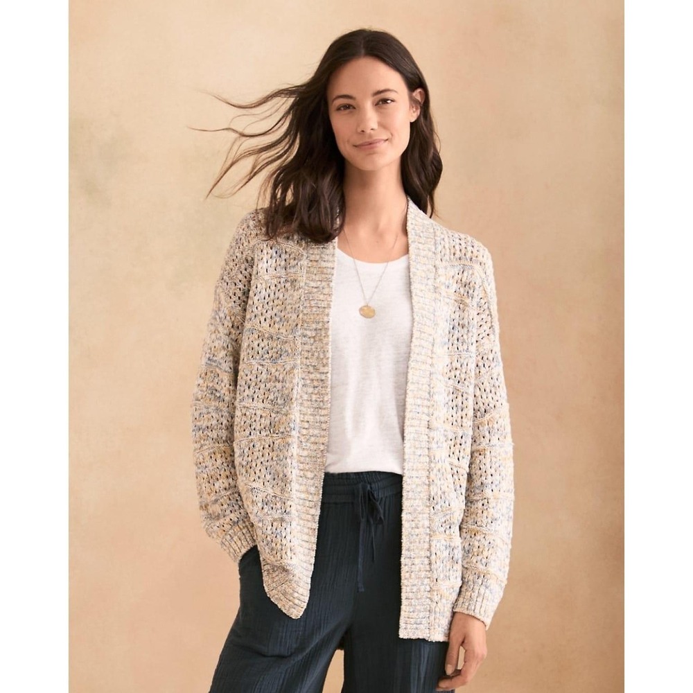 Garnet Hill Organic Cotton Open Front Cardigan Blue Yellow Marled Knit Large